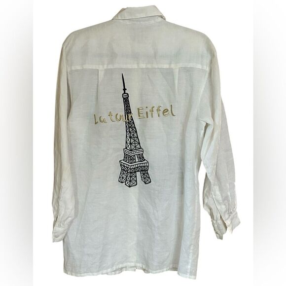 Womens Vintage Jaime Paris Effiel Tower Embroidered LONG blouse. Linen/Ramie. XL - Picture 2 of 8